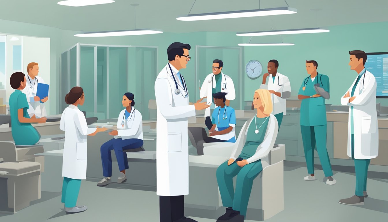 Cardiologist answering questions in a busy clinic, with patients waiting and medical staff moving around