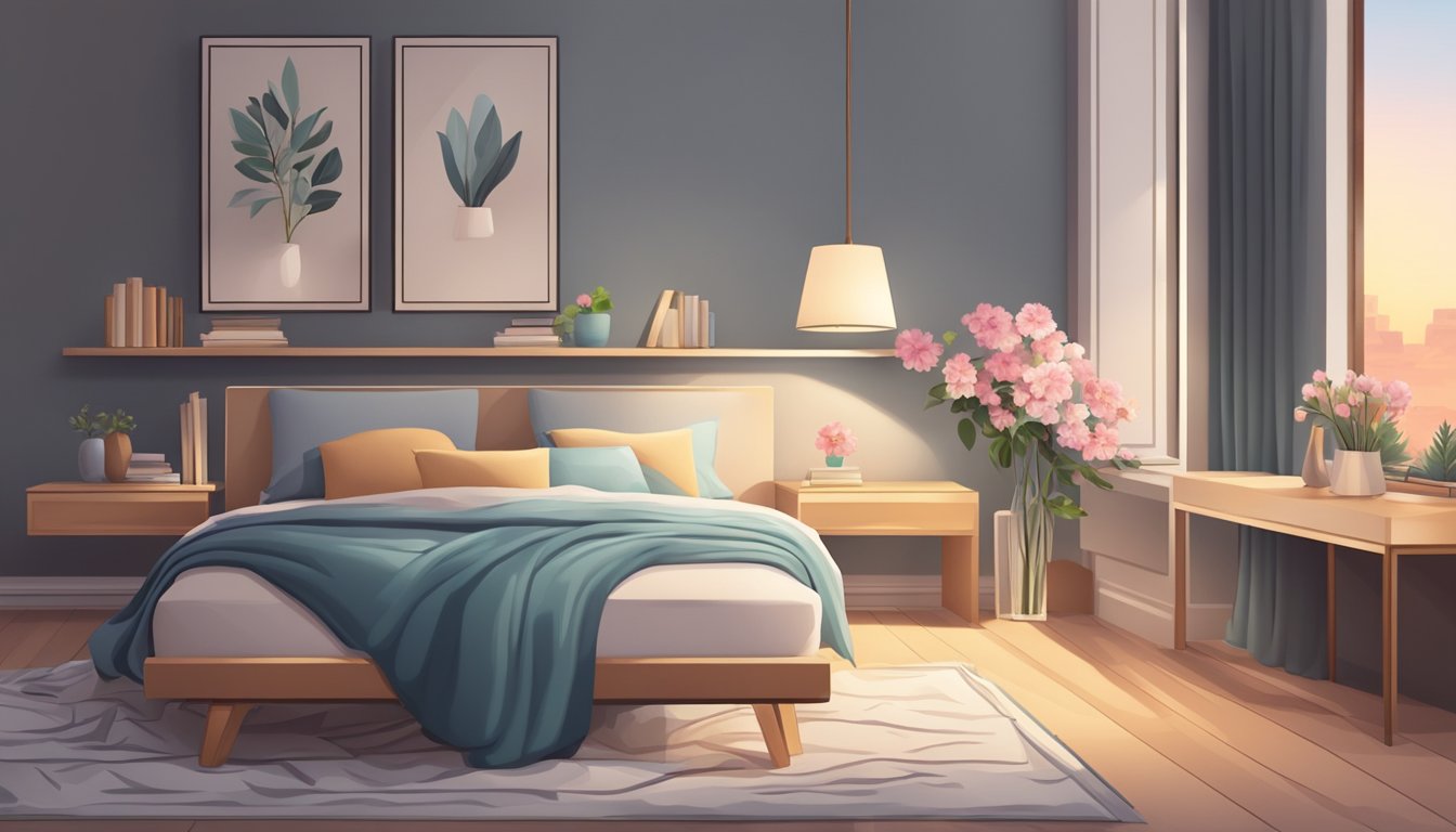 A cozy bedroom with a neatly made bed, fluffy pillows, and a soft throw blanket. A nightstand with a lamp, books, and a vase of flowers
