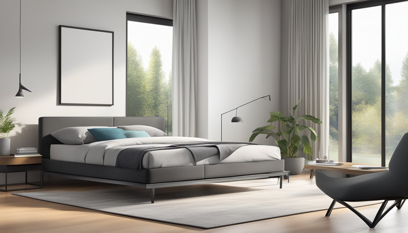 A sleek, minimalist bed frame with clean lines and a low profile, accented with metal or wood materials for a contemporary look