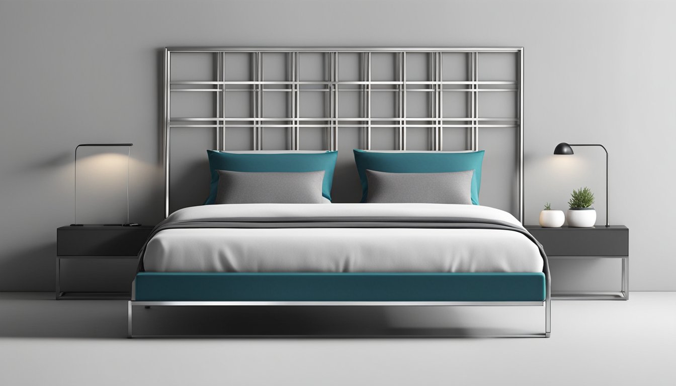 A sleek, metal bed frame with clean lines and minimalistic design. The frame is made of brushed stainless steel with a matte finish, and the headboard features a subtle geometric pattern