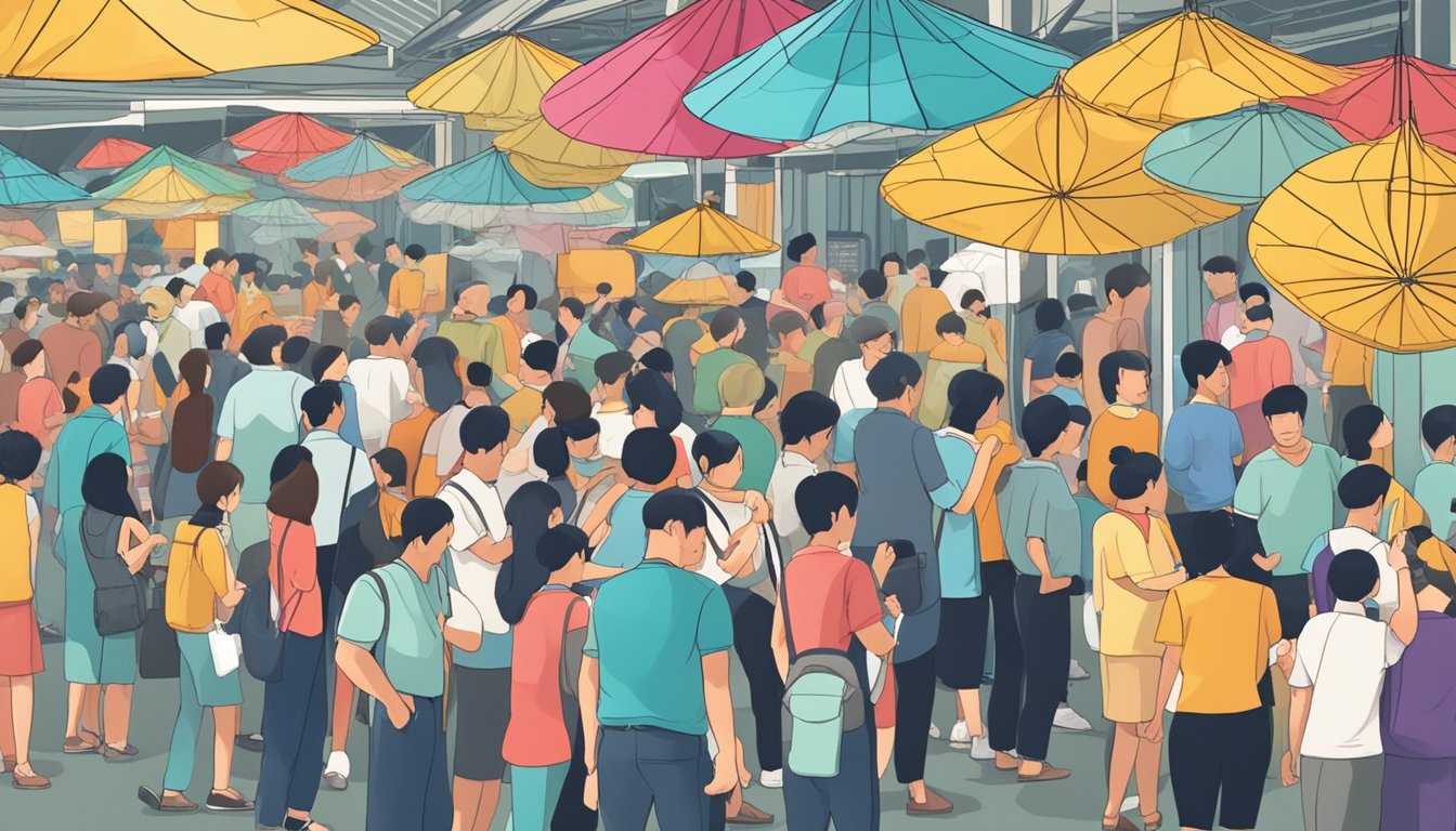 People gathering around a display of high-quality fans in a bustling Singapore market