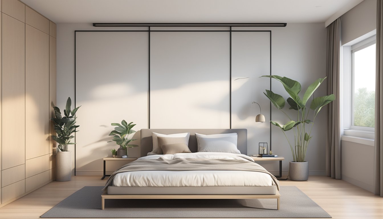 A low bed frame in a minimalist Singaporean bedroom, with clean lines and neutral colors