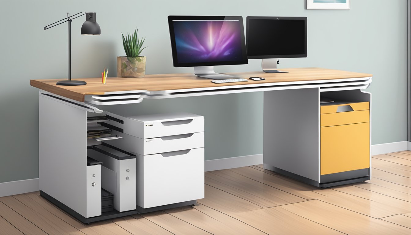 A sleek office PC table with multiple storage options and built-in functionality for cables and accessories