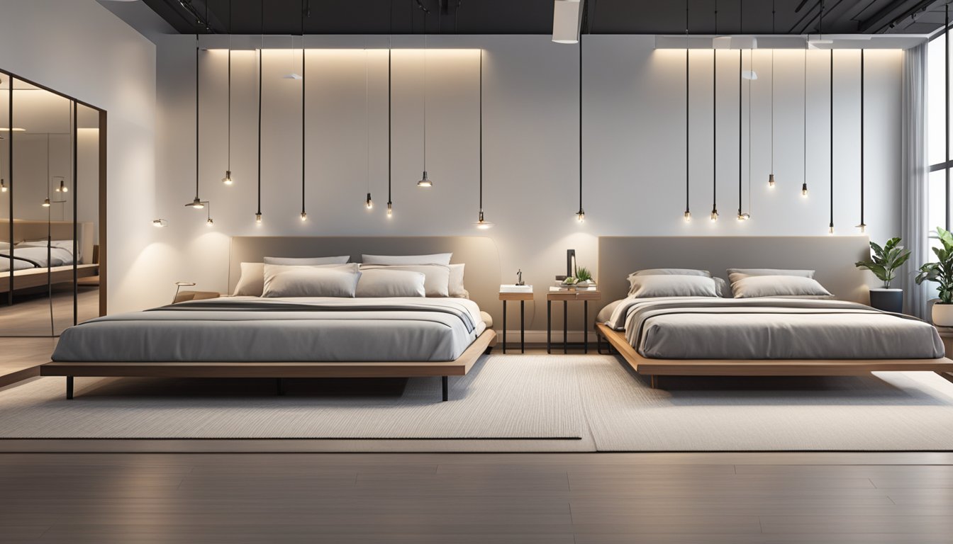 A variety of low bed frames displayed in a spacious showroom with modern lighting and clean, minimalist decor