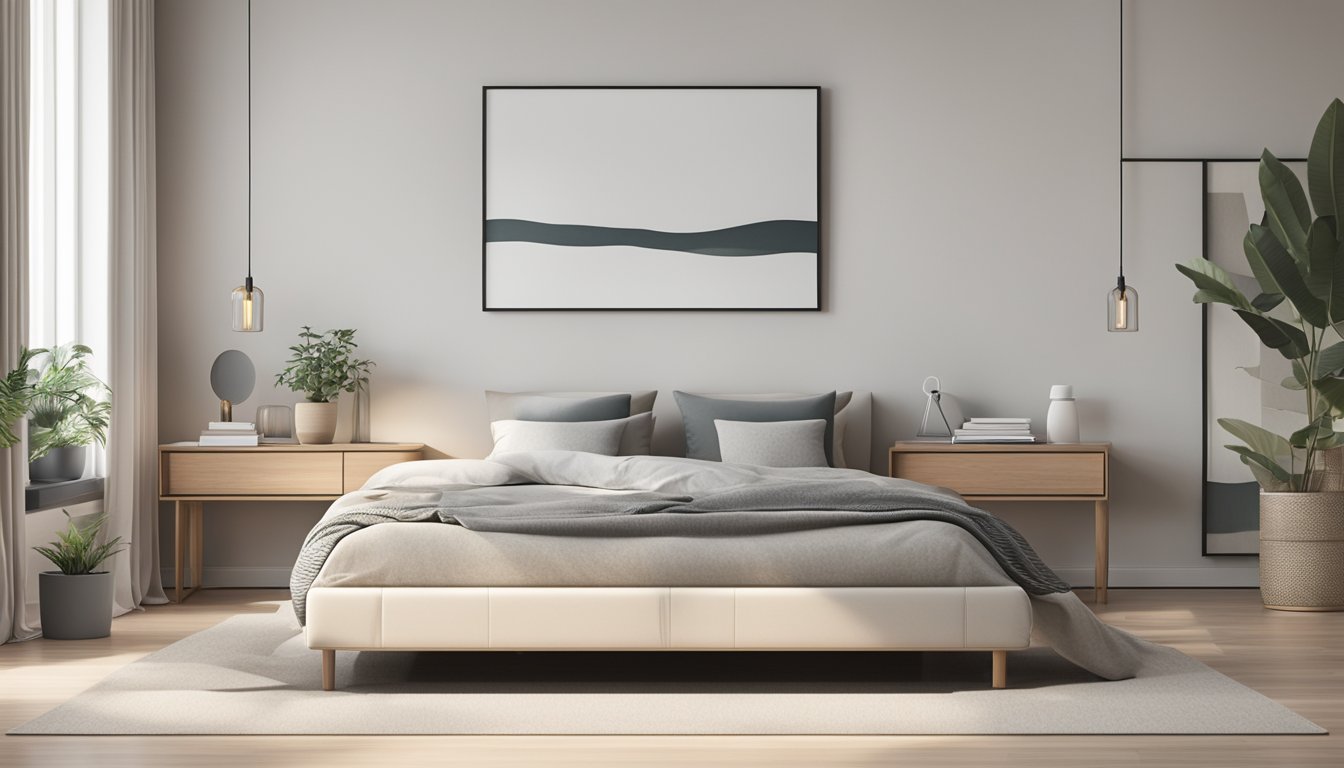 A low bed frame in a minimalist bedroom with clean lines and neutral colors