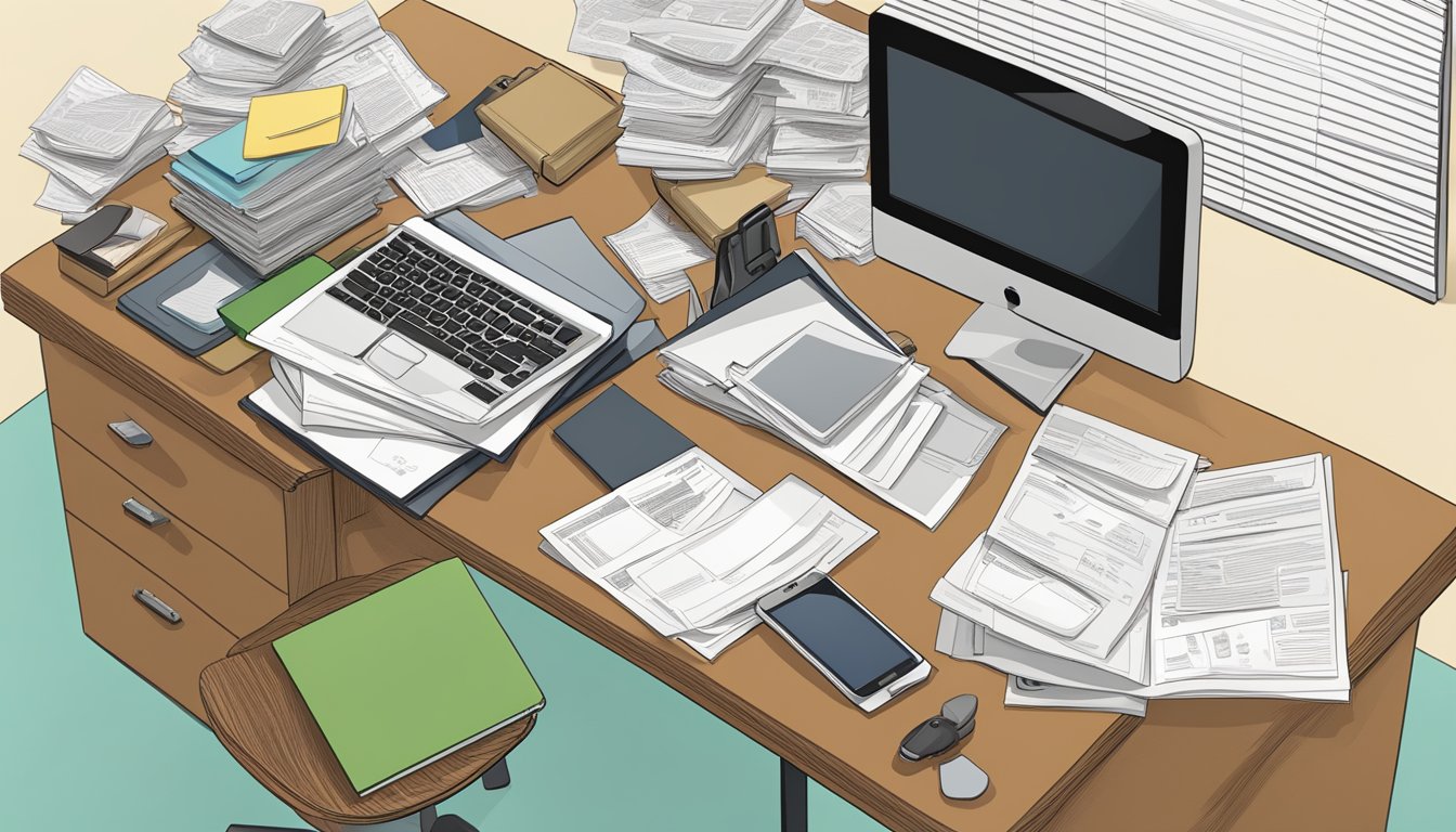 A cluttered office desk with a computer, papers, and a FAQ pamphlet