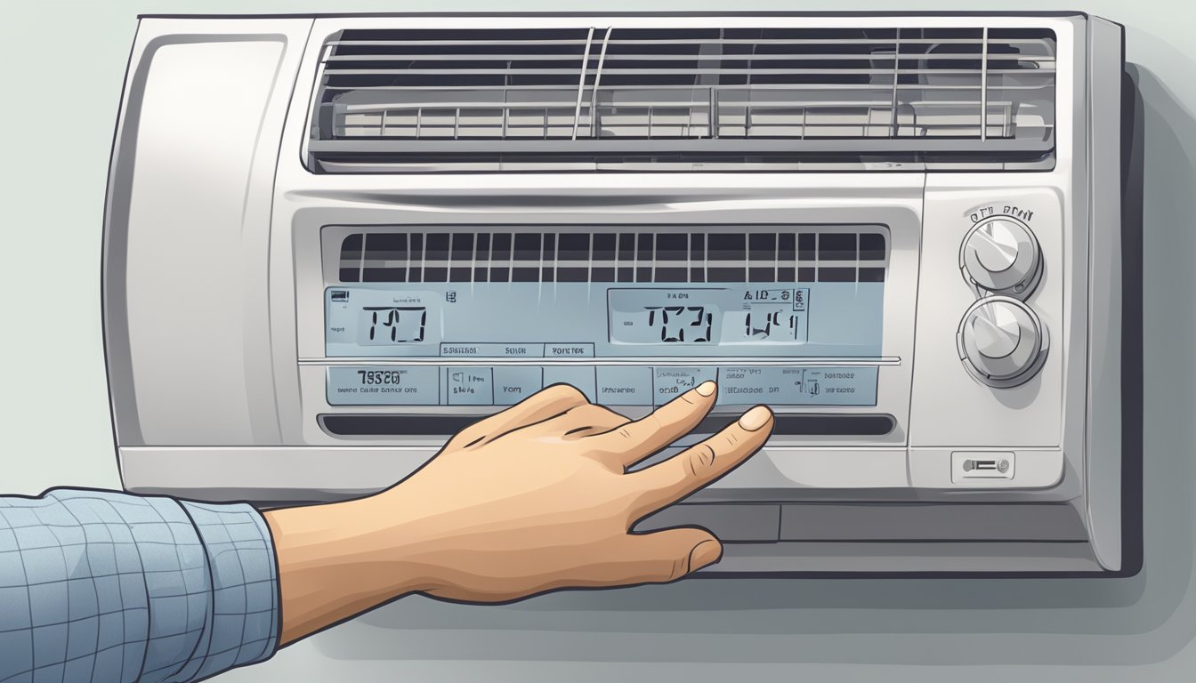 A hand reaches to adjust the btu setting on an air conditioning unit