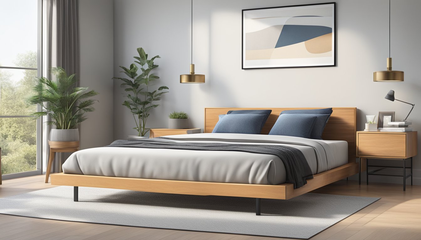 A sleek, minimalist bed frame with clean lines and a low profile, featuring a sturdy metal or wood construction