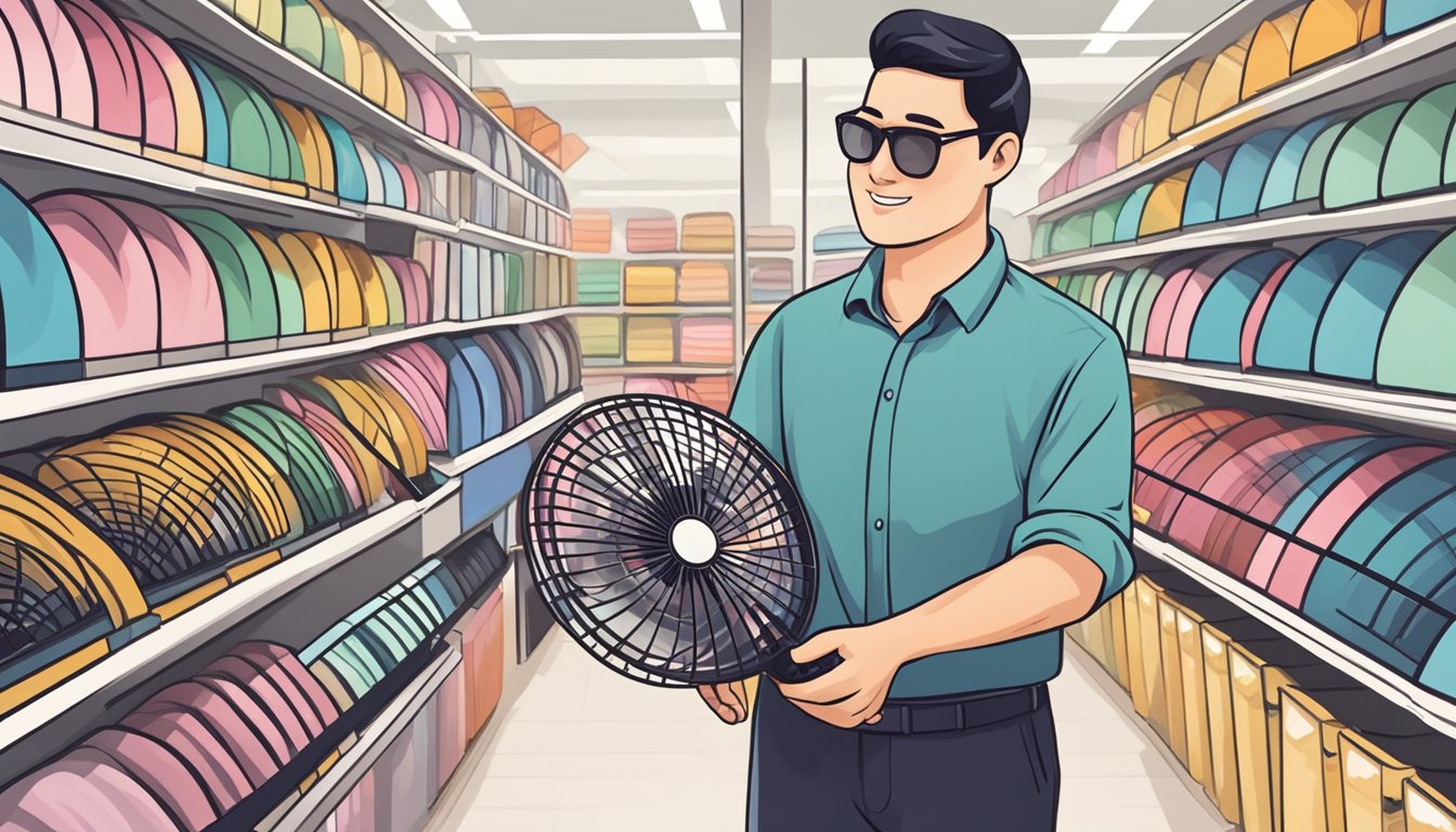 A person in Singapore choosing the best fan from a variety of options in a store, with a satisfied expression on their face