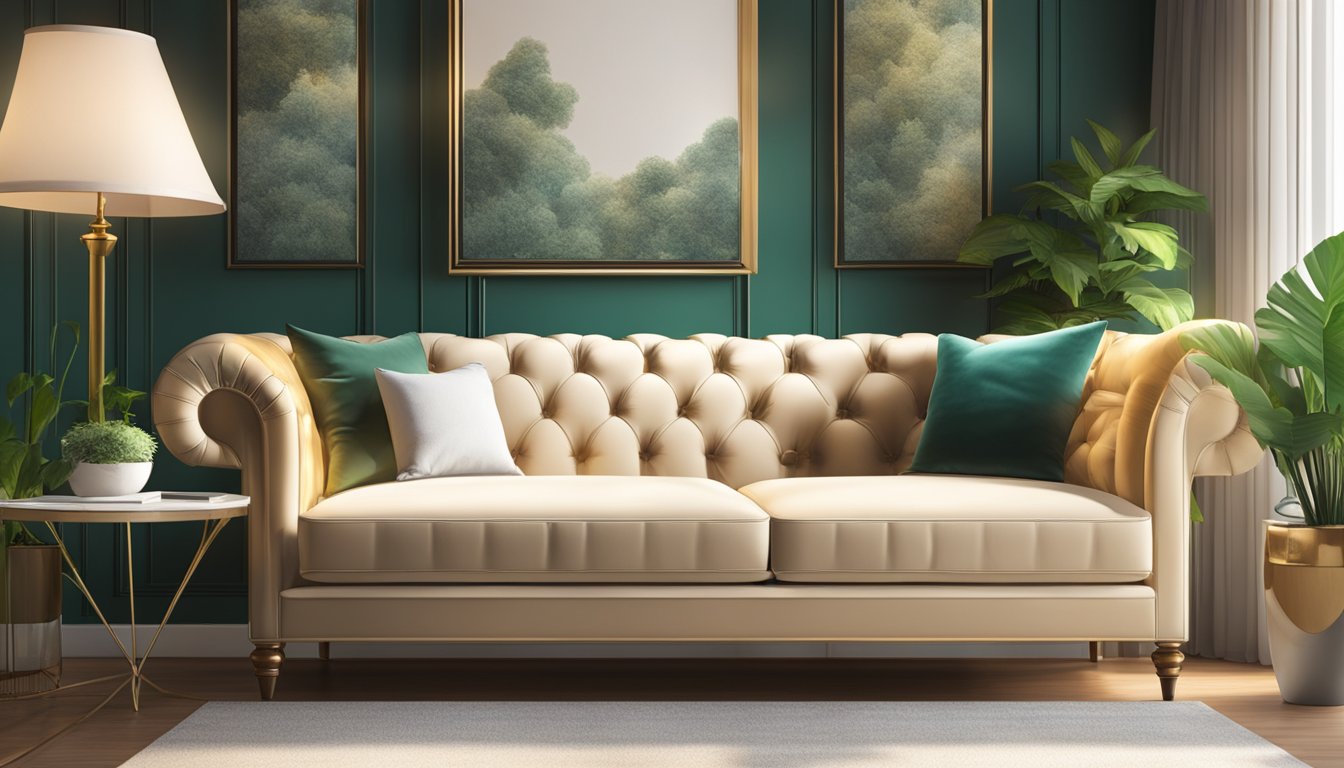 A luxurious chesterfield sofa sits in a sunlit room in Singapore, surrounded by elegant decor and lush greenery