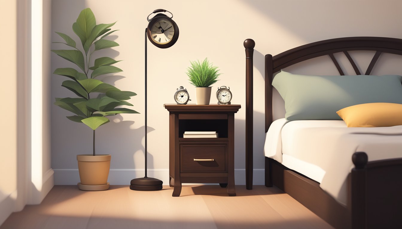 A narrow bedside table with a lamp, book, and small plant. A clock sits on top, casting a soft glow. The table is made of dark wood and has a single drawer