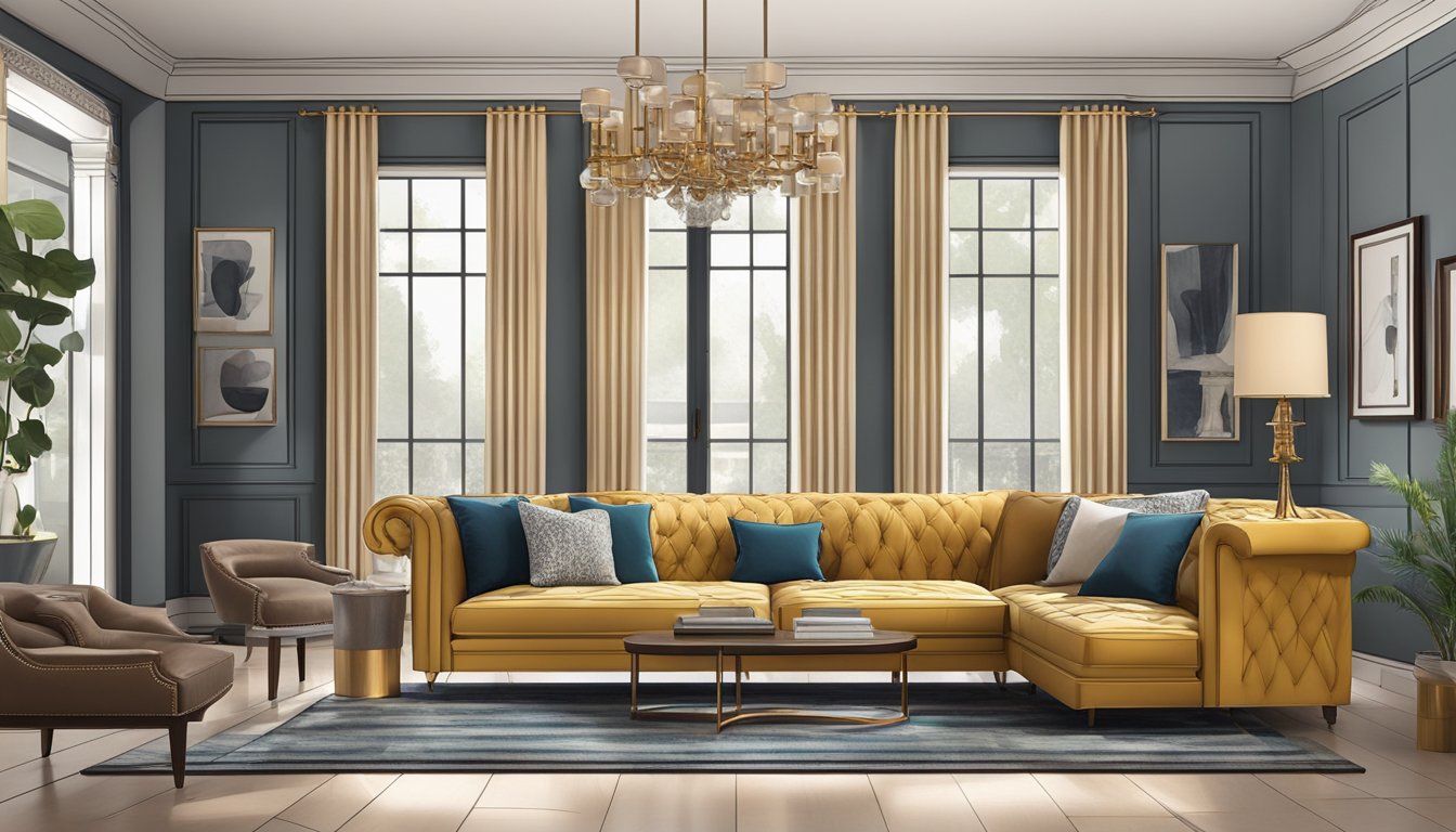 A modern living room with a Chesterfield sofa as the focal point, surrounded by elegant decor and accent pieces