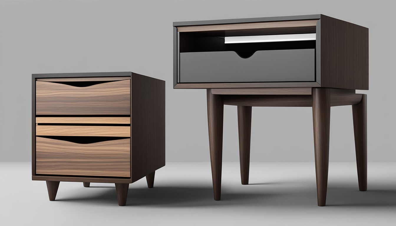 A sleek, minimalist bedside table made of dark walnut wood, with a slim profile and a single drawer