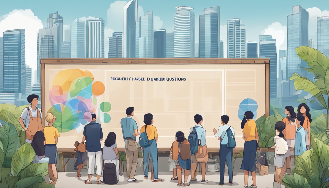 A group of people gathered around a large sign that reads "Frequently Asked Questions" with a fan and the skyline of Singapore in the background