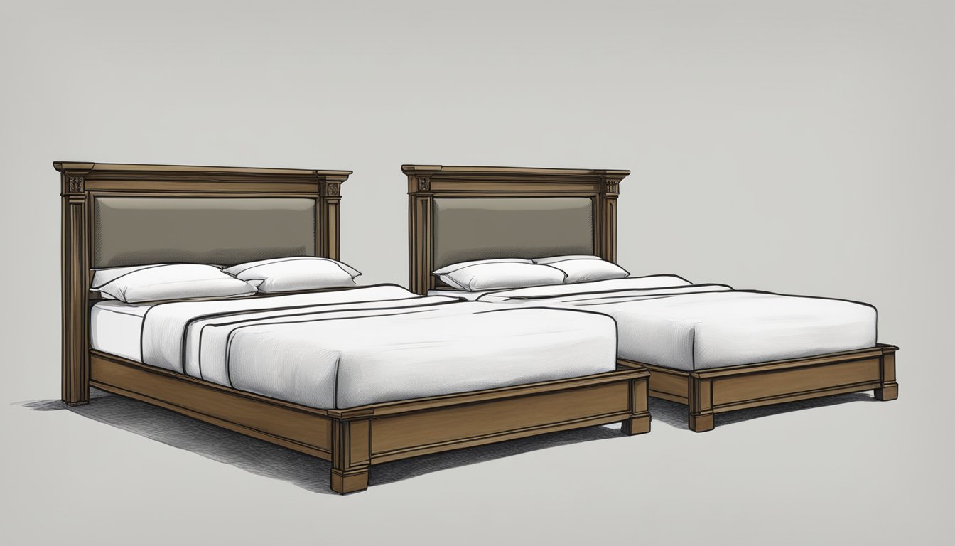 Two beds side by side, one labeled "King" and the other "Queen." The "King" bed is noticeably larger than the "Queen" bed
