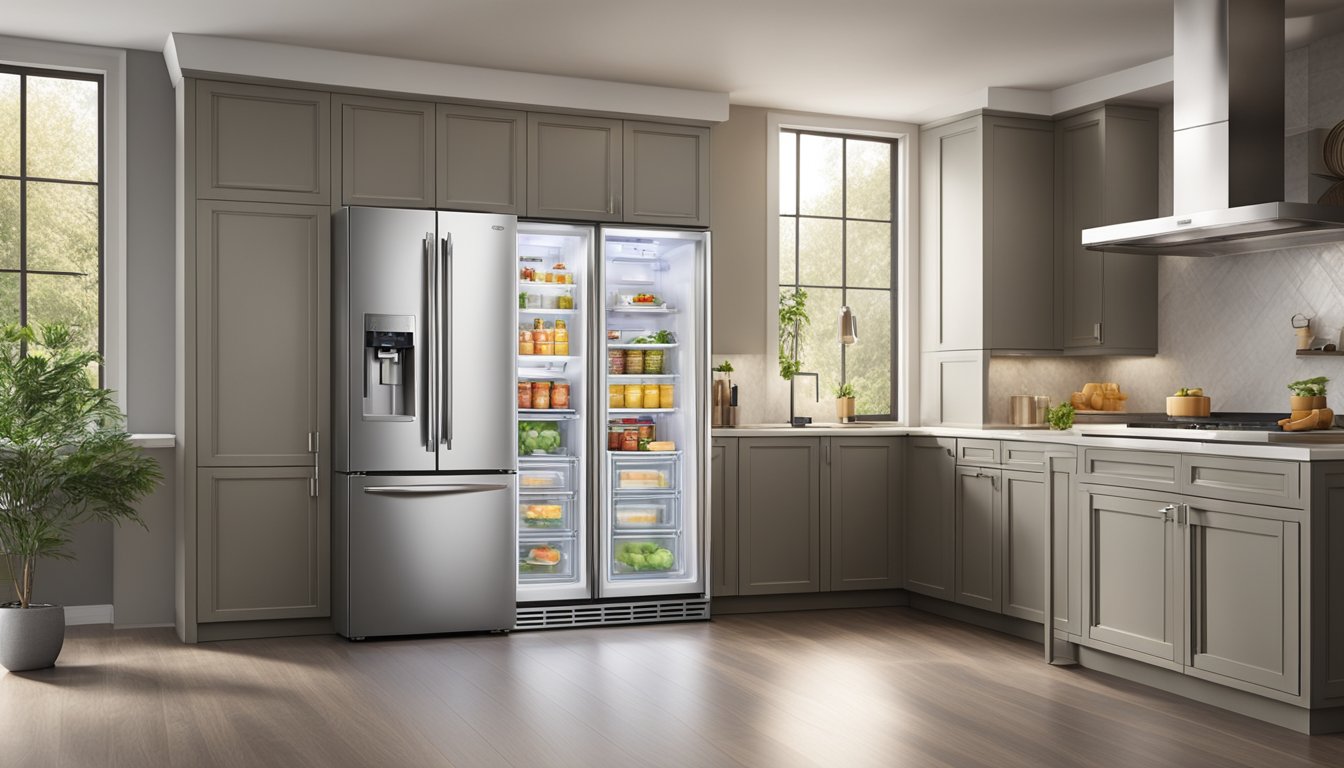 A large double door refrigerator stands in a spacious kitchen, its sleek design and stainless steel finish gleaming under the warm overhead lighting