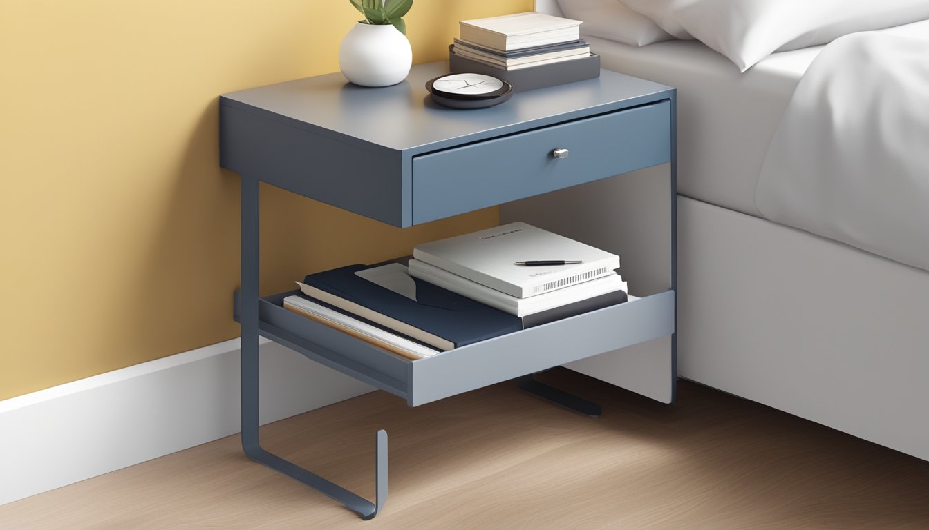 A sleek, modern narrow bedside table with a single drawer and open shelf, positioned next to a bed