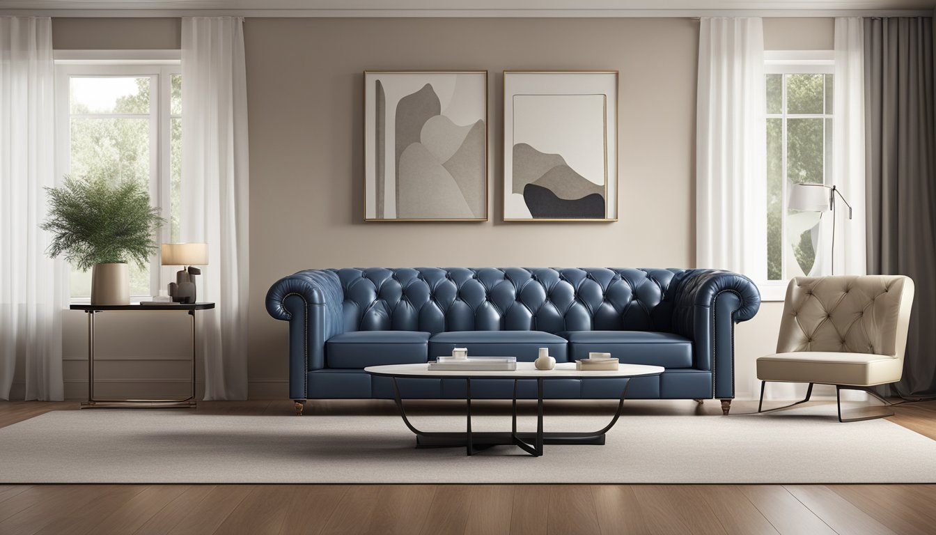 A Chesterfield sofa in a modern living room, with a sleek and elegant design. The sofa is placed against a neutral-colored wall, with soft lighting highlighting its luxurious leather upholstery