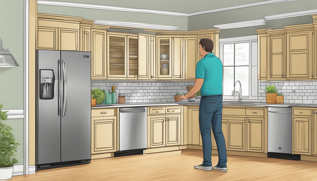 A person measuring the space between the kitchen cabinets to determine the right size for a double door refrigerator