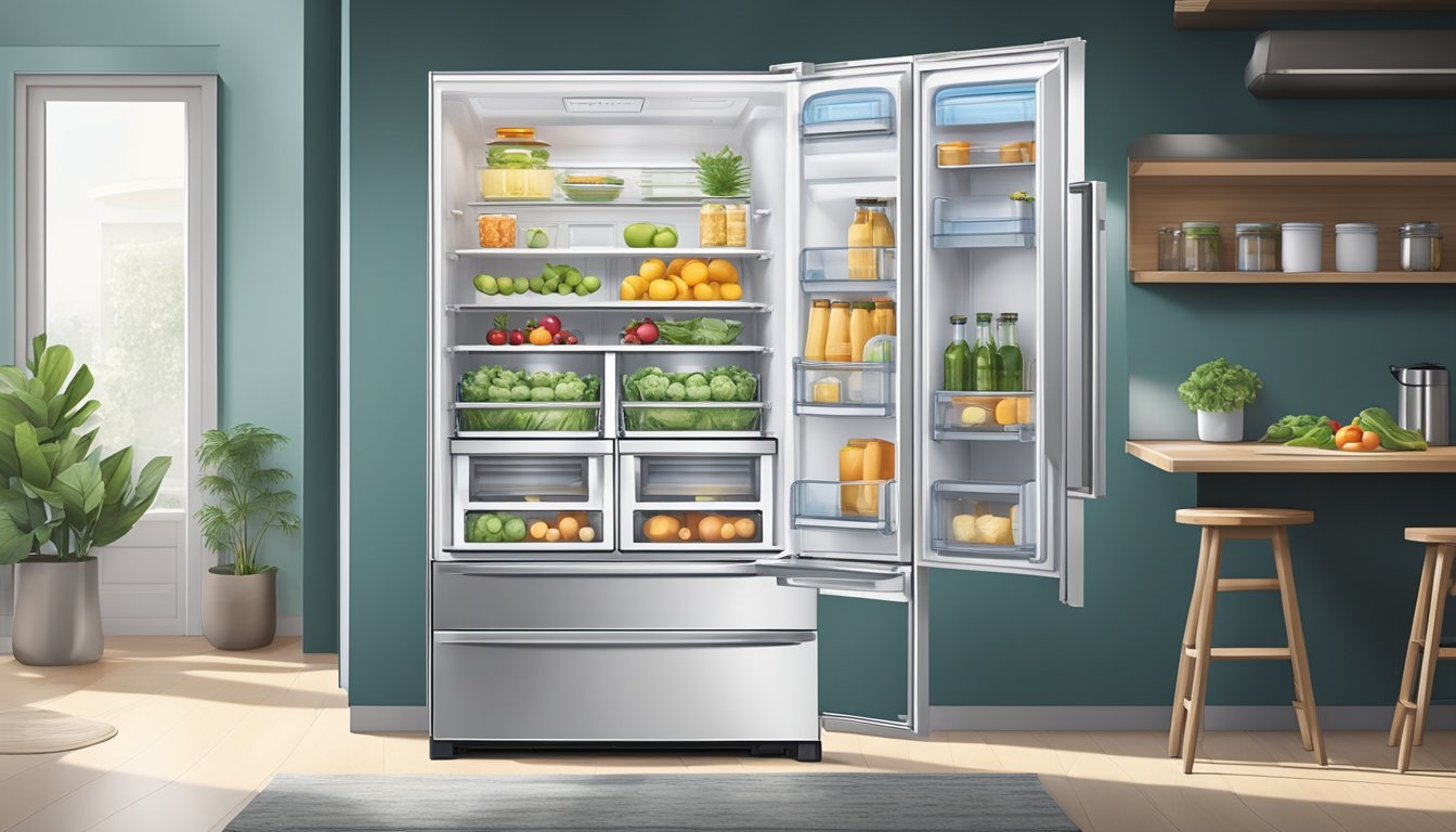A spacious double door refrigerator stands open, revealing adjustable shelves and compartments for optimal storage and functionality