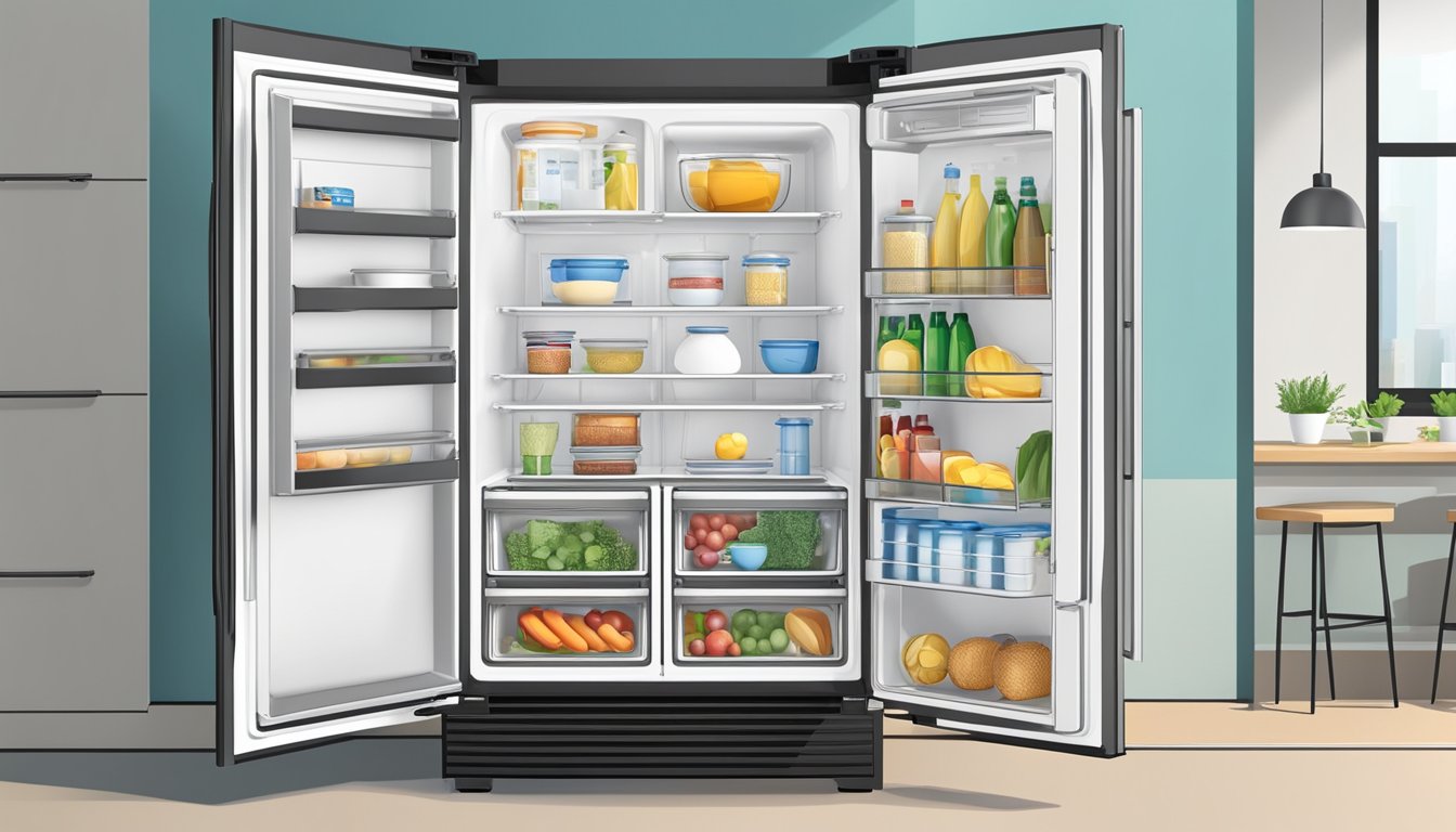A double door refrigerator stands open, with dimensions displayed and a list of frequently asked questions nearby