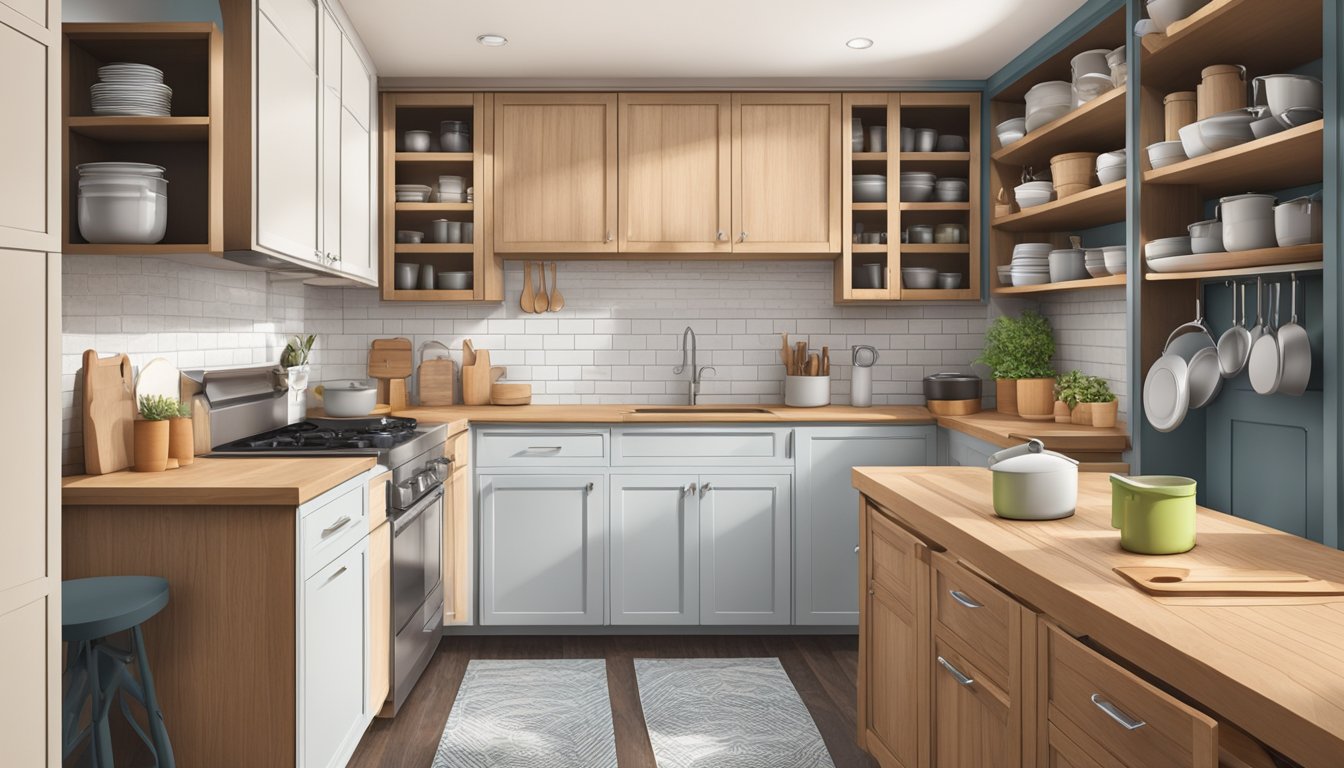 A kitchen with wood cabinets, open doors, and shelves with various kitchen items neatly organized inside