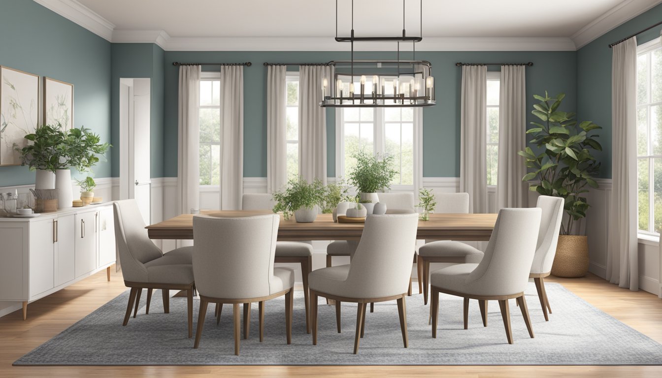 A 6-seater dining table, 72 inches long and 36 inches wide, with chairs placed evenly around it in a well-lit dining room