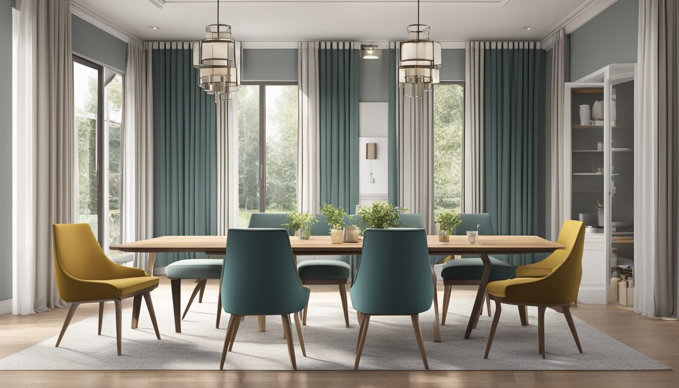 A spacious dining area with a 6-seater table, surrounded by chairs, well-proportioned to the room's size and shape