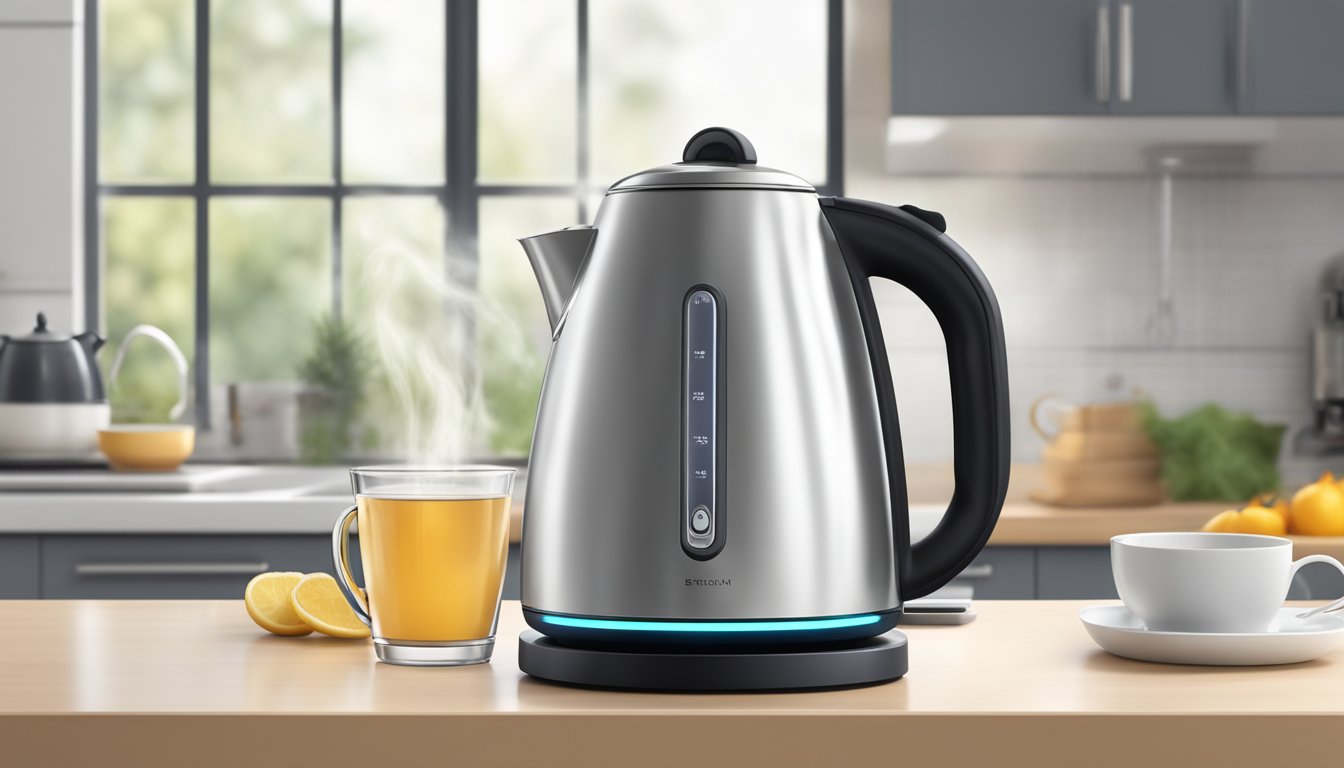 A sleek, stainless steel electric kettle sits on a modern kitchen countertop, steam rising from its spout as it boils water for a perfect cup of tea
