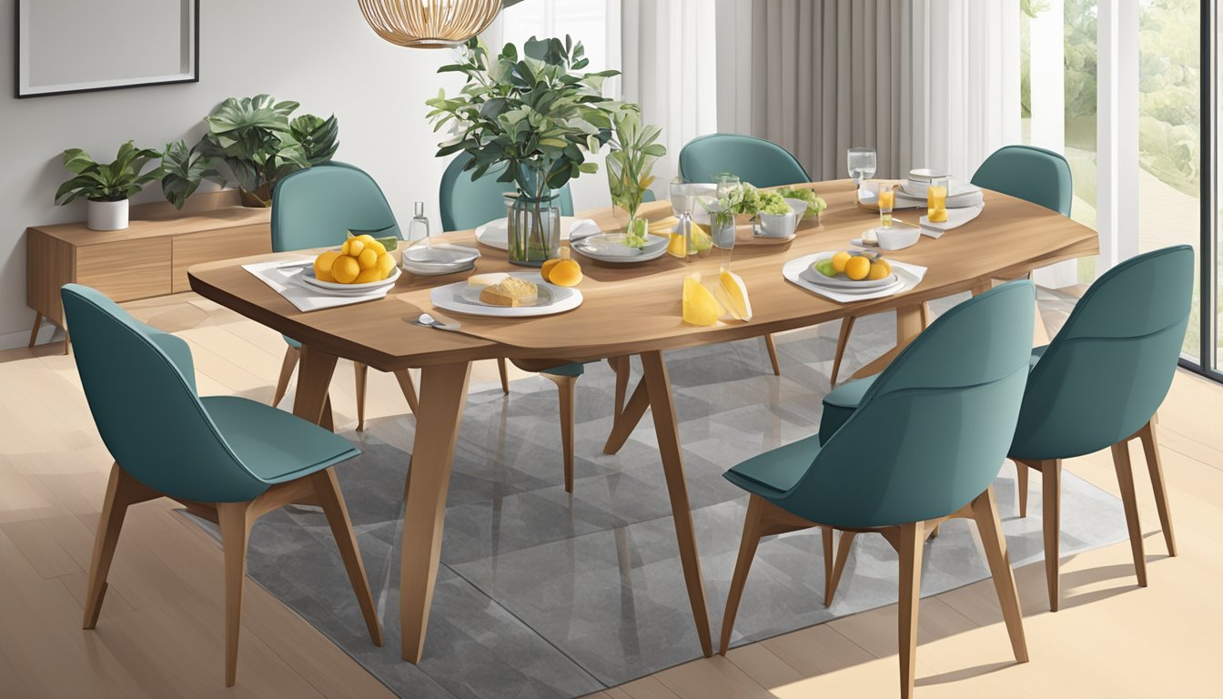 A 6-seater dining table with chairs, measuring dimensions, surrounded by a family or group of people