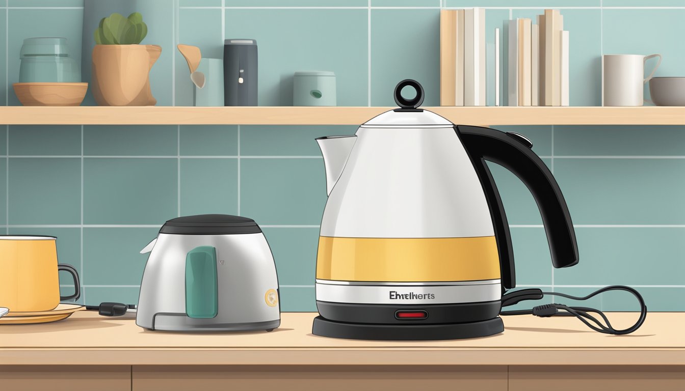 An electric kettle sits on a clean, clutter-free countertop, with a plug nearby. The kettle's exterior is free of dust or stains, and the handle is securely attached