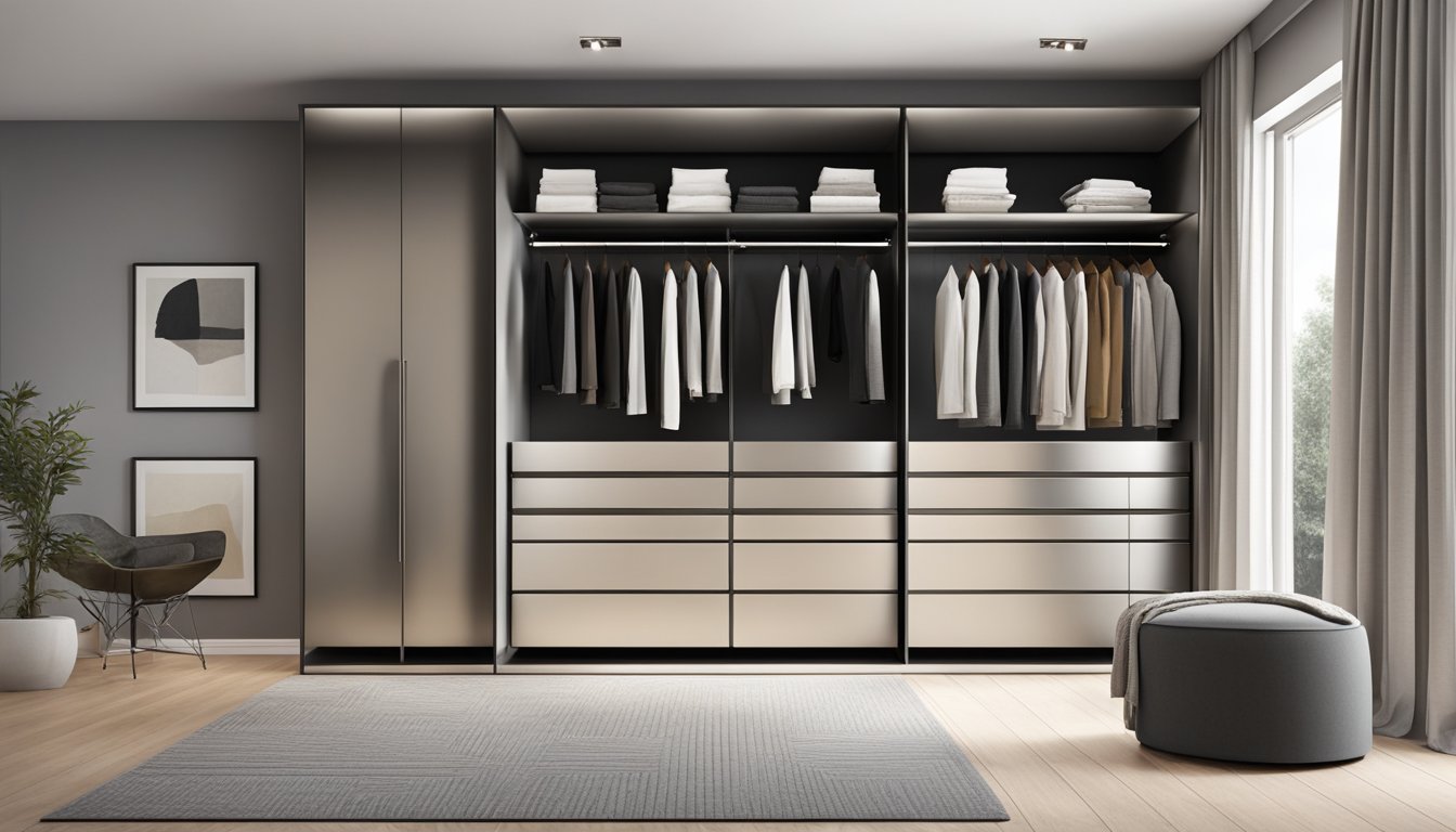 A sleek, modern wardrobe with mirrored doors reflects the room's decor. Clean lines and minimalist hardware give it a contemporary feel