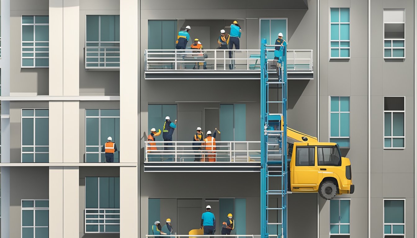 A lift being upgraded in a HDB building, with workers installing new components to increase its height