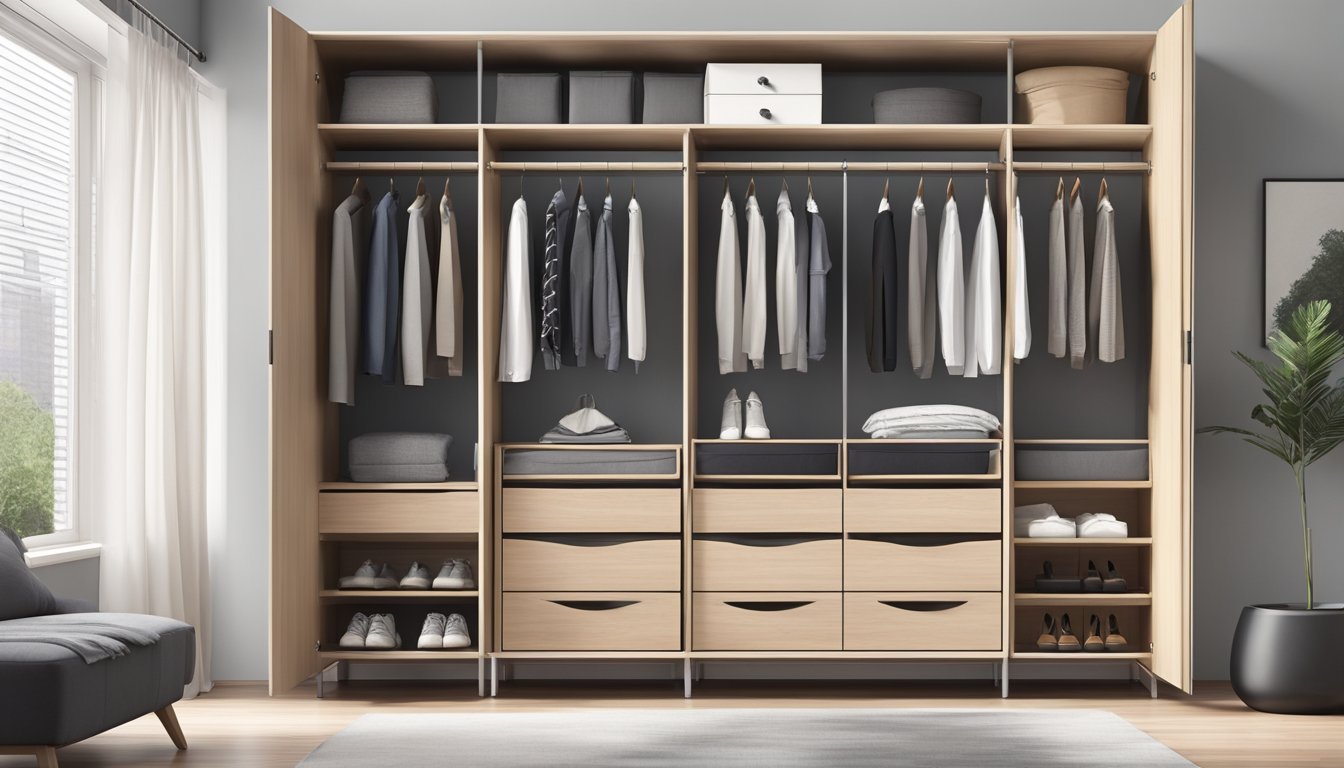 A spacious, modern wardrobe stands against a clean, minimalist backdrop. The wardrobe features a full-length mirror, sleek handles, and ample storage compartments