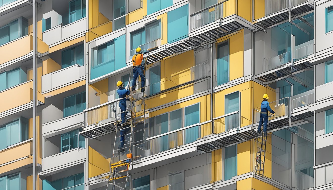 A team of workers installs a new HDB lift, securing cables and testing the height with precision tools