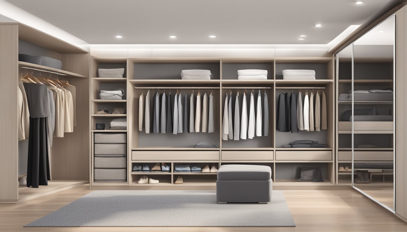 A modern wardrobe with a built-in mirror in a spacious and well-lit room. The wardrobe is neatly organized with shelves and drawers, and the mirror reflects the surrounding space