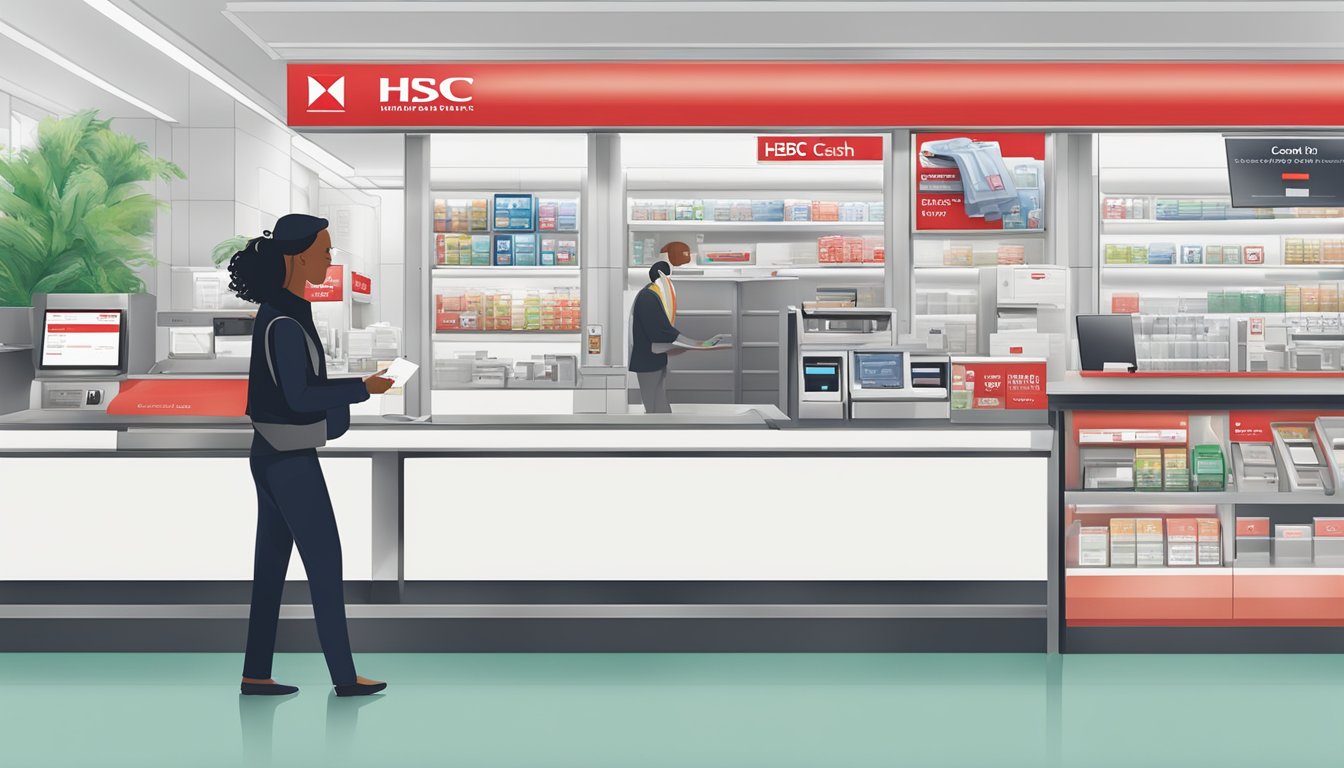 A customer swiping an HSBC card at a store counter, with a promotional banner for the Cash Instalment Plan displayed prominently
