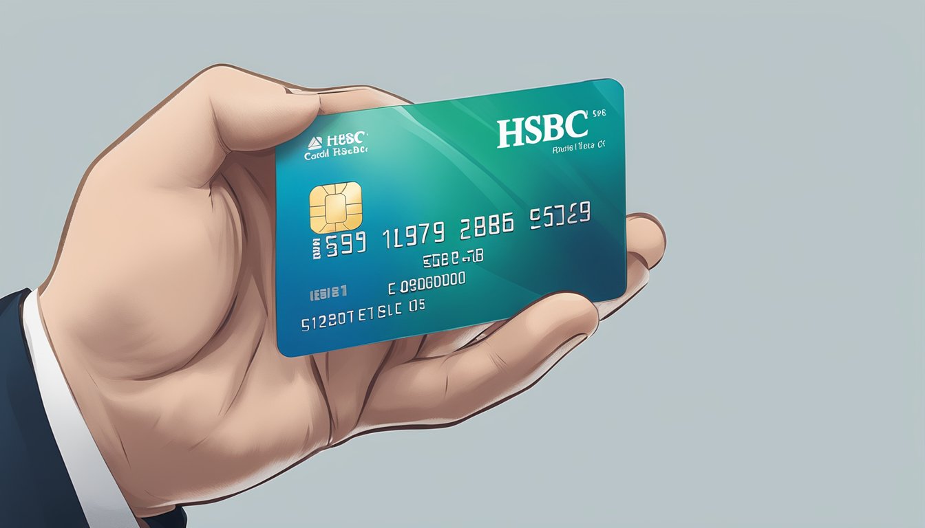 A hand holding an HSBC credit card, with a list of eligibility criteria for the Cash Instalment Plan in the background