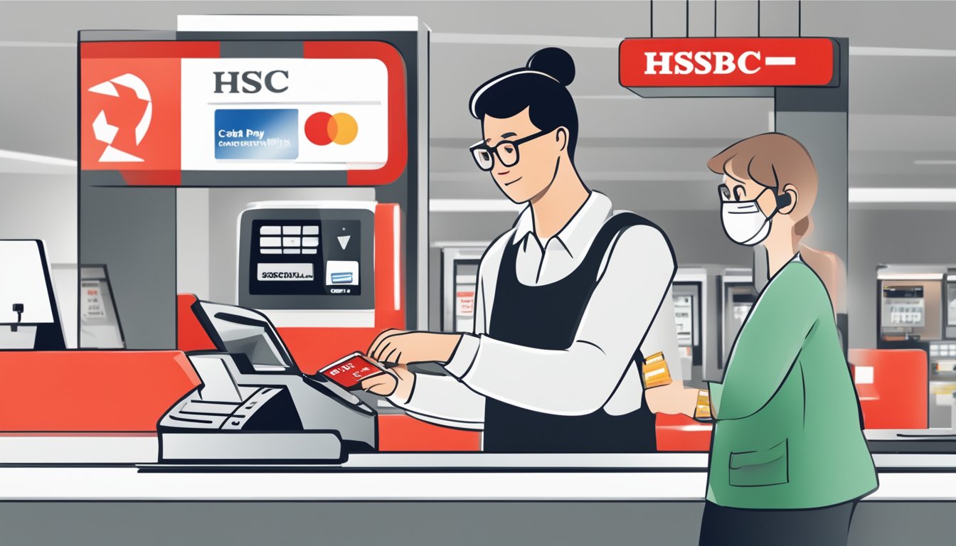 A customer swiping a credit card at a cashier to pay for HSBC's Cash Instalment Plan, with a visible HSBC logo in the background