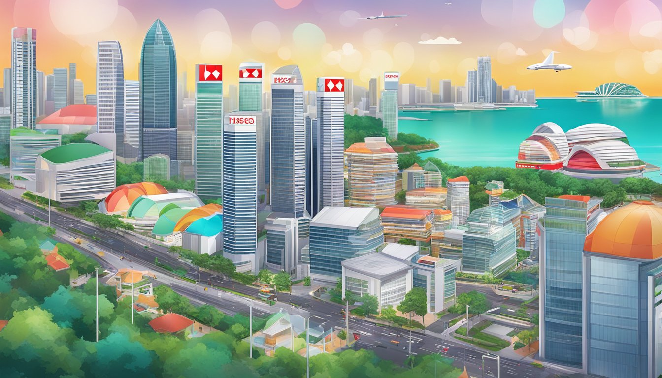 A colorful display of HSBC Cash Instalment Plan benefits, with cash symbols, installment options, and Singapore landmarks in the background