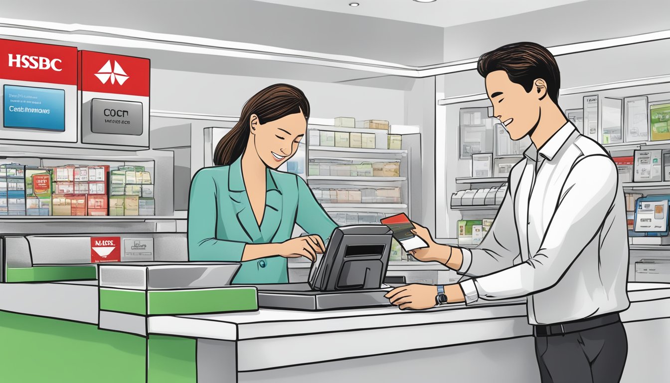 A customer swiping an HSBC credit card at a store counter, with a sign displaying "HSBC Instalment Plan" and "Cash Instalment Plan" in the background