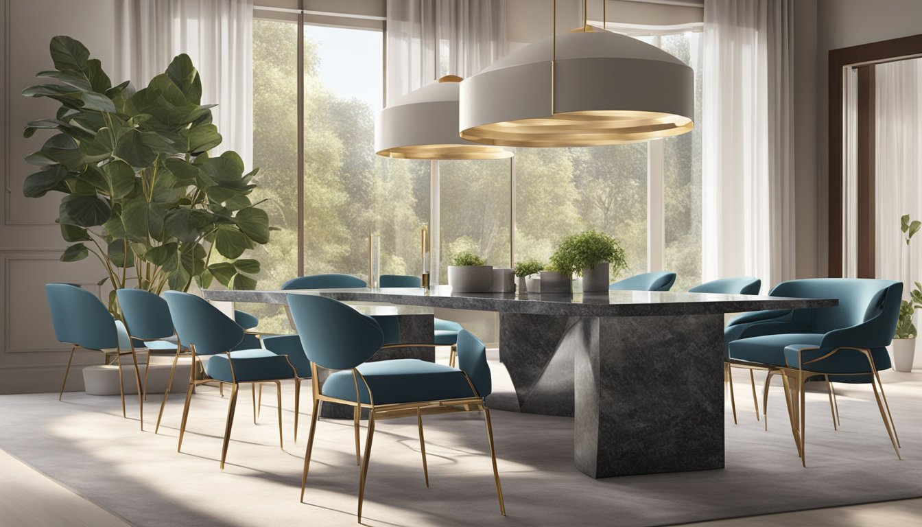 A granite dining table sits in a sunlit room, surrounded by modern chairs. The table's smooth surface reflects the light, creating a sense of elegance and sophistication
