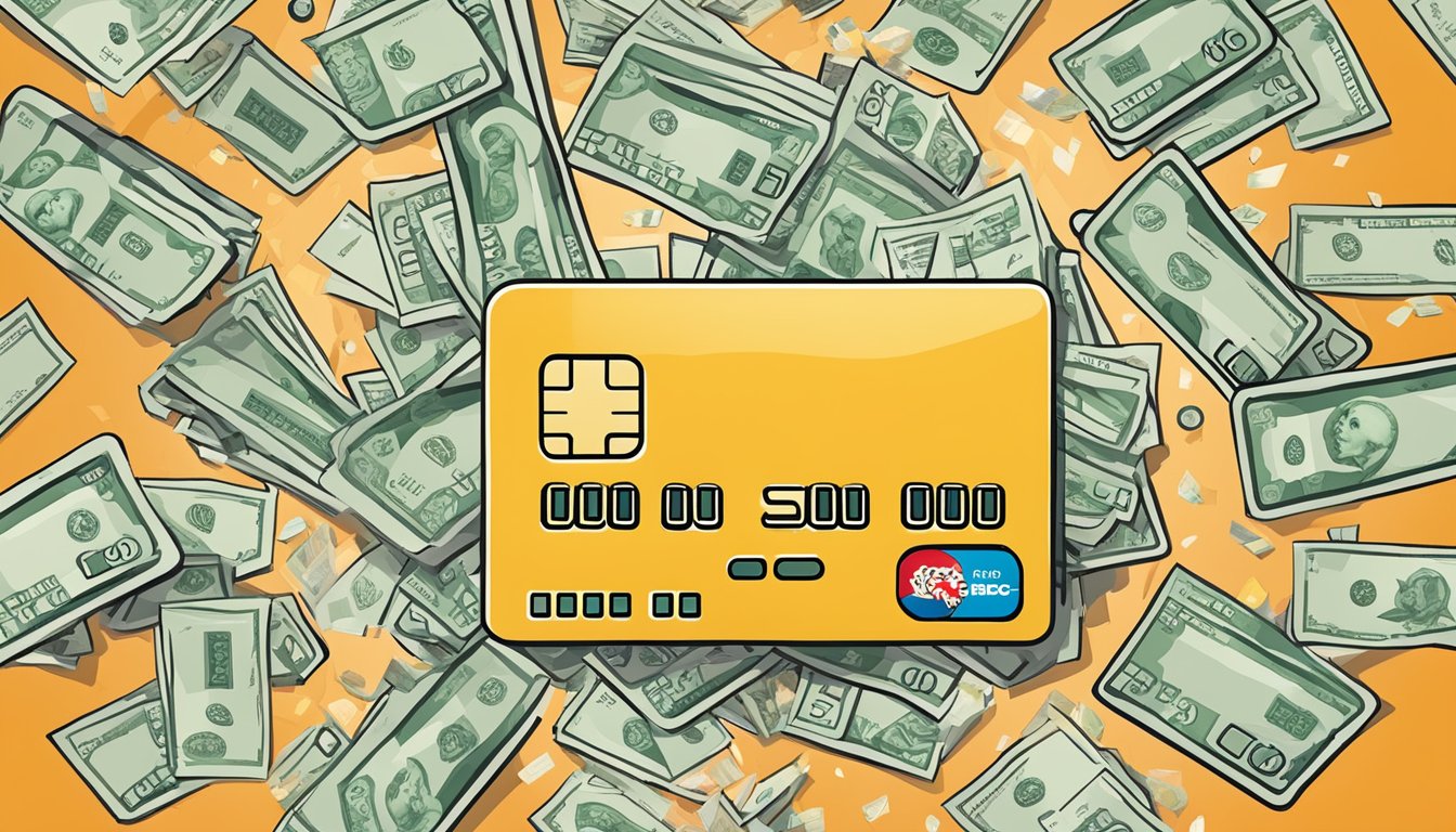 A credit card surrounded by cash and fee symbols, with the HSBC logo prominent