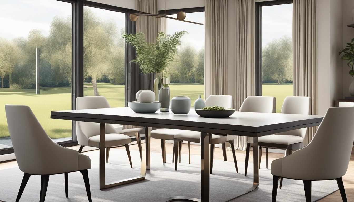 Modern upholstered dining chairs arranged around a sleek, minimalist table in a bright, open dining room with large windows and contemporary decor
