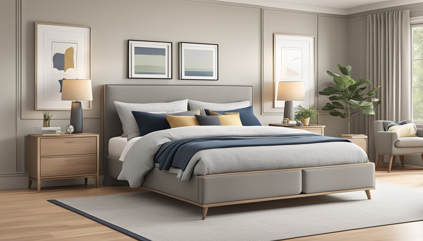 A king bed frame with built-in storage drawers underneath, positioned in a spacious and well-lit bedroom with neutral-colored walls and cozy bedding