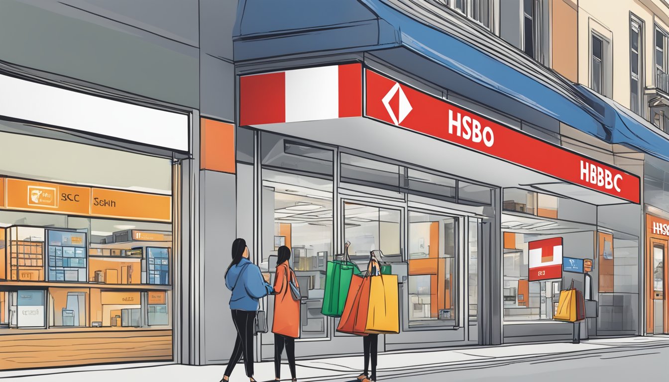 A credit card being used to make a purchase at a store, with the HSBC logo prominently displayed and a sign advertising the Cash Instalment Plan