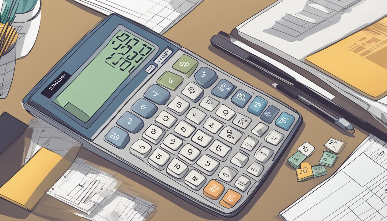 A calculator sits on a desk, displaying the total amount due for an HSBC Cash Instalment Plan in Singapore. A calendar marks the repayment period, while a stack of bills nearby suggests financial responsibility
