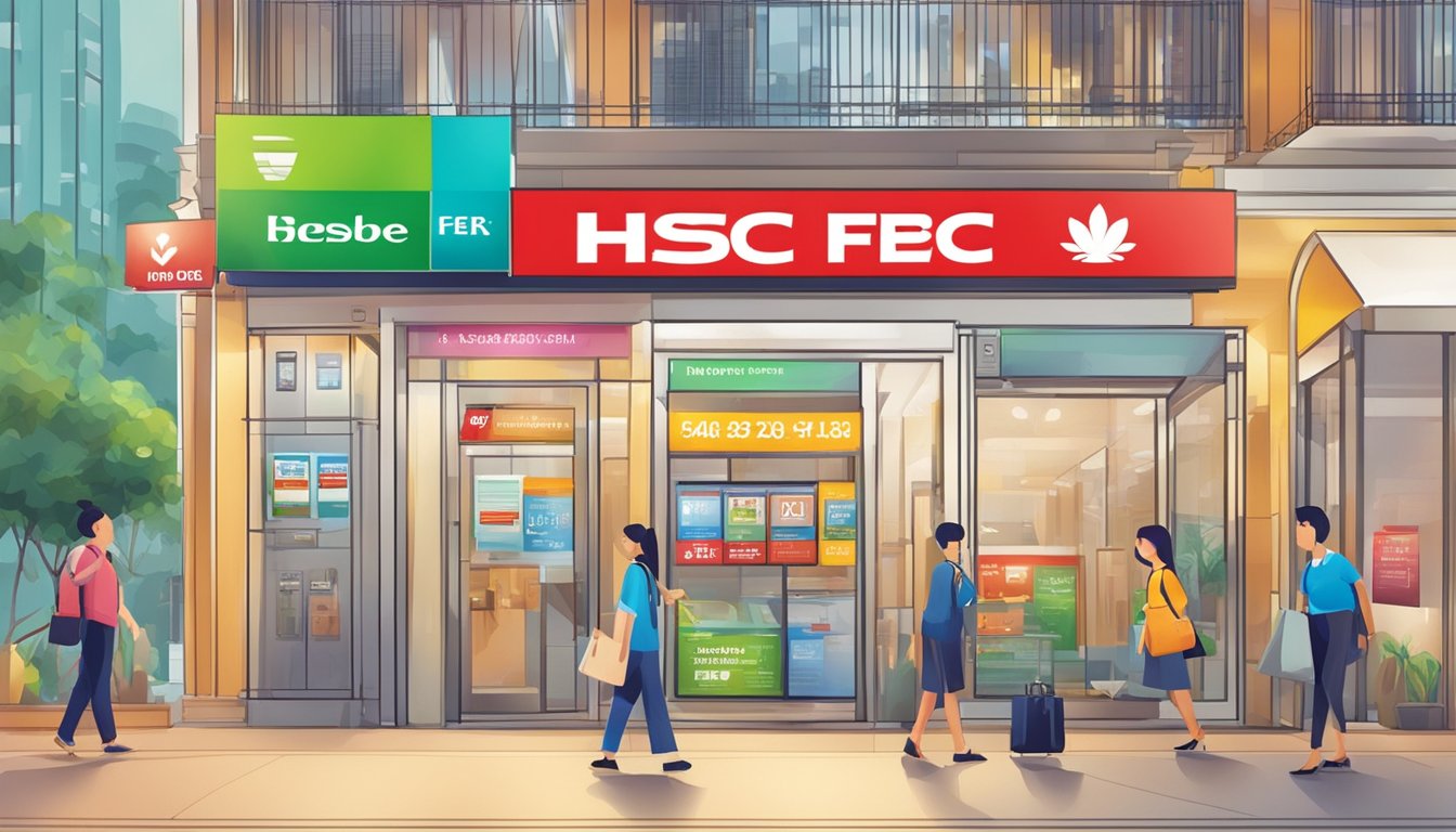 A colorful signboard displaying "HSBC Cash Instalment Plan Fees" with attractive offers and services in Singapore