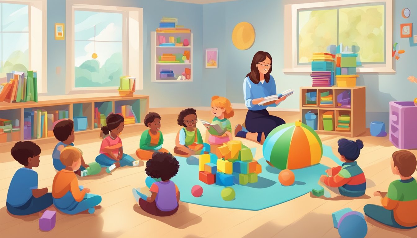 Children playing with colorful toys in a bright, spacious classroom. A teacher reads a story to a group of engaged preschoolers