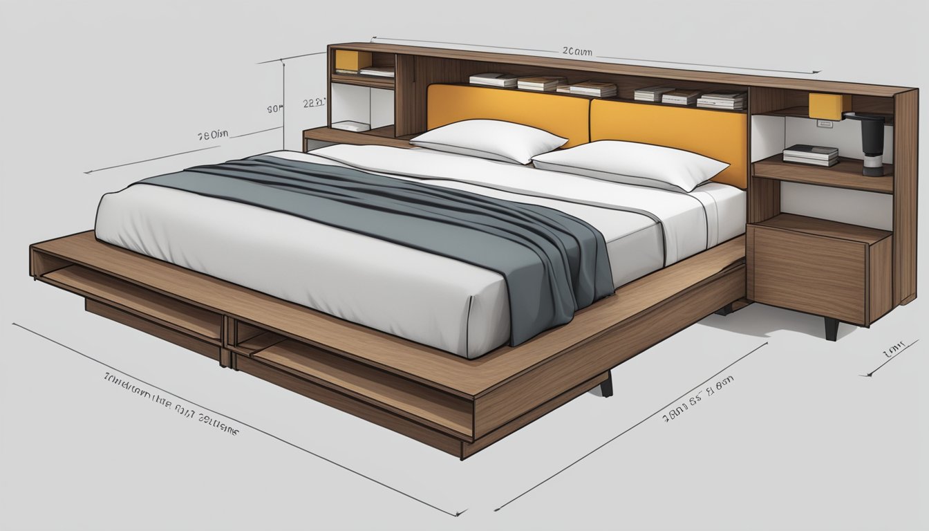 A sleek, modern king bed frame with built-in storage compartments, featuring clean lines and a minimalist design